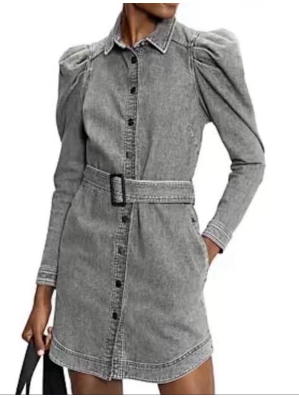 Ted Baker London Pasccal Grey Denim Puff-Sleeve Belted Shirtdress Small